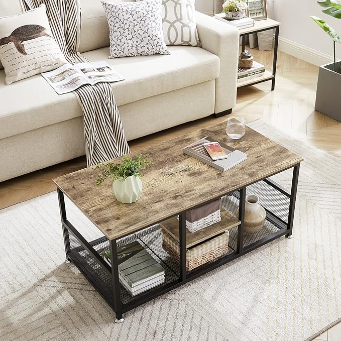 VECELO Coffee Center Table with Storage for Living Room Office Reception, Modern & Industrial Mesh Shelf, 39.4 Inch, Grey - LeafyLoom