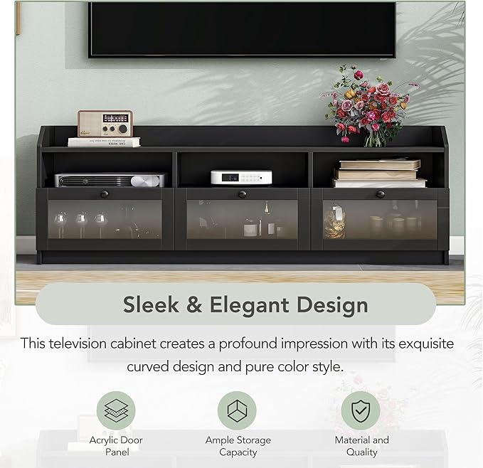 Merax Sleek & Modern Design TV Stand with Acrylic Board Door and Black Handles, Chic Elegant Media Console for Television Up to 65", Ample Storage Space Cabinet, 63.0 inch Length - LeafyLoom