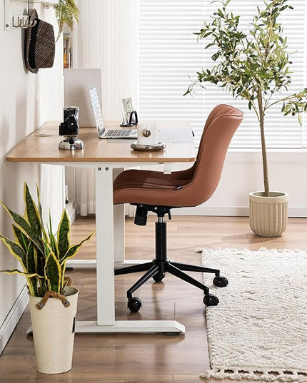 YOUNIKE Pink Office Chair Armless, PU Leather Computer Task Chair, Cute Swivel Adjustable Home Desk Chair, Small Vanity Chiar with Wheels Mid Backrest 300LBS - LeafyLoom