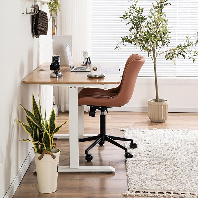 YOUNIKE Pink Office Chair Armless, PU Leather Computer Task Chair, Cute Swivel Adjustable Home Desk Chair, Small Vanity Chiar with Wheels Mid Backrest 300LBS - LeafyLoom