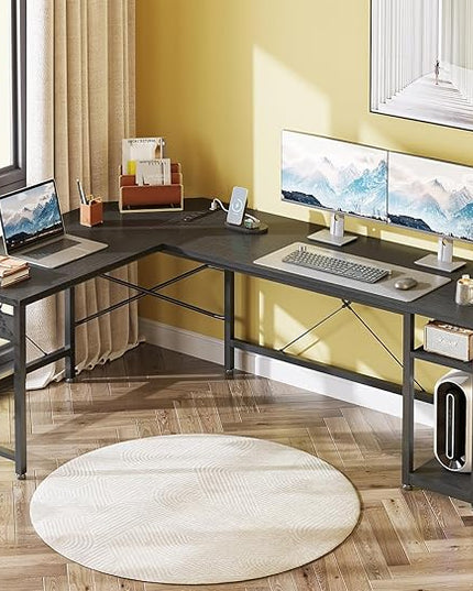 Coleshome L Shaped Computer Desk 66" with Power Outlet & Storage Shelves, Corner Sturdy Writing Desk Workstation, Modern Wooden Office Gaming Desk, Wood & Metal, Black - LeafyLoom