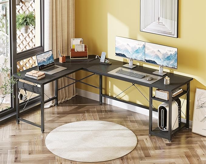 Coleshome L Shaped Computer Desk 66" with Power Outlet & Storage Shelves, Corner Sturdy Writing Desk Workstation, Modern Wooden Office Gaming Desk, Wood & Metal, Black - LeafyLoom