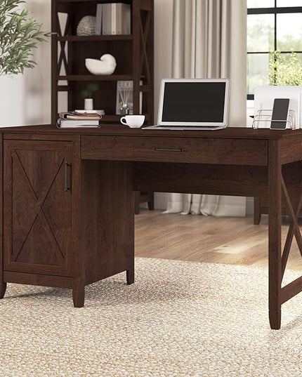 Bush Furniture Key West Computer Desk with Storage | Farmhouse PC Table for Home Office in Bing Cherry | 54W x 24D - LeafyLoom