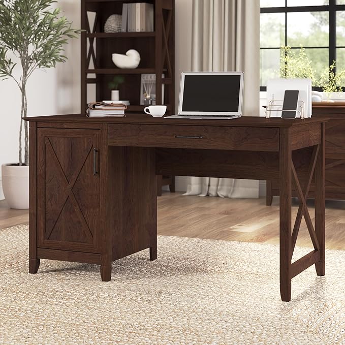 Bush Furniture Key West Computer Desk with Storage | Farmhouse PC Table for Home Office in Bing Cherry | 54W x 24D - LeafyLoom