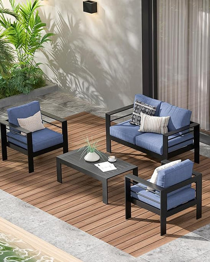 Wisteria Lane 4-Piece Aluminum Patio Furniture Set, Outdoor Furniture with Coffee Table, Metal Sofa Set for Deck, Porch, Balcony, Indoor, Black Frame & Blue Cushion - LeafyLoom