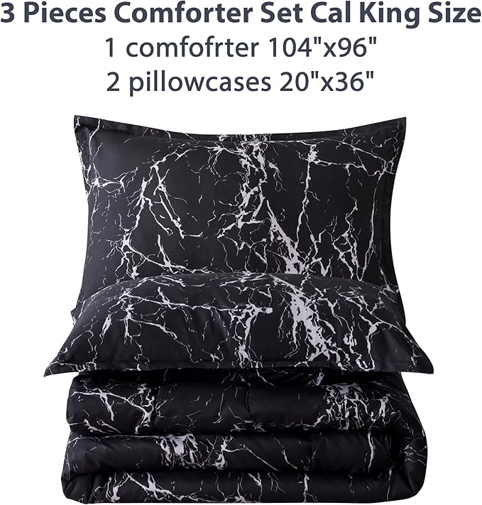 Litanika Black Marble Comforter California King(104x96lnch), 3 Pieces(1 Marble Comforter and 2 Pillowcases) Soft Microfiber Comforter Bedding Set for Men and Women - LeafyLoom