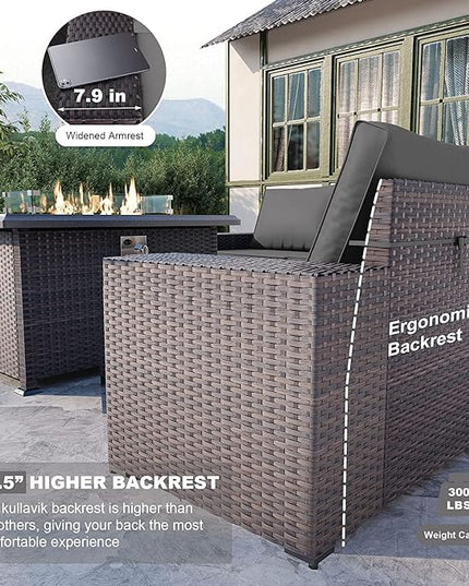 Kullavik 10PCS Outdoor Patio Furniture Set,PE Wicker Rattan Sectional Sofa Patio Conversation Sets with 43" 55000BTU Gas Propane Fire Pit Table,Swivel Rocking Chairs Set,Grey - LeafyLoom