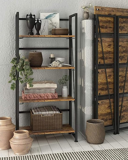 No-Assembly Folding Bookshelf Storage Shelves 4 Tiers Vintage Multifunctional Plant Flower Stand Storage Rack Shelves Bookcase for Home Office (Fire Board) - LeafyLoom