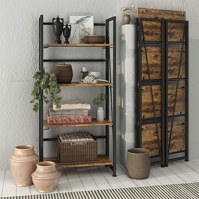 No-Assembly Folding Bookshelf Storage Shelves 4 Tiers Vintage Multifunctional Plant Flower Stand Storage Rack Shelves Bookcase for Home Office (Fire Board) - LeafyLoom