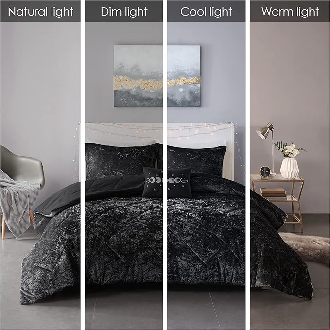 Intelligent Design King Comforter Set, Velvet Comforter Set , Luxury Diamond Quilting Comforter Set, Fluffy Comforter Bed Set with Decorative Pillowand 2 Shams, 4 Piece Black, King/ Cal King - LeafyLoom