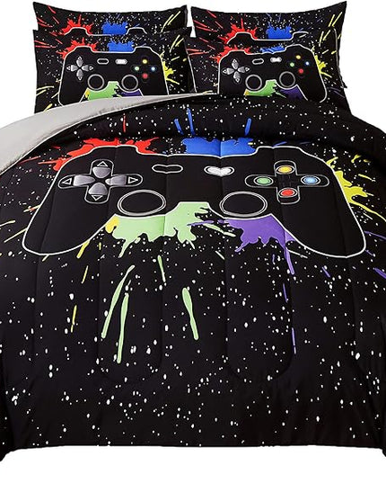 Gamer Comforter Sets Full Size for Boys Teen,Game Controller Colorful Comforter with 2 Pillowcases,Soft Microfiber Video Gaming 3 Piece Bedding Set for Game Lovers,All Season(Black,Full) - LeafyLoom