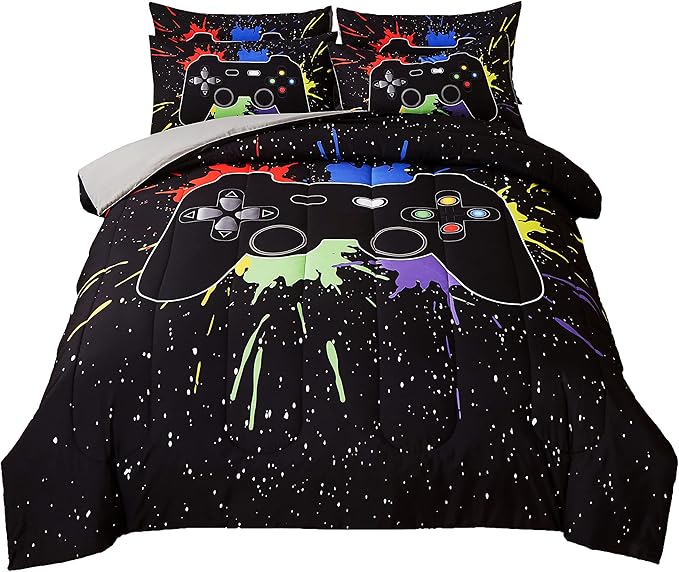 Gamer Comforter Sets Full Size for Boys Teen,Game Controller Colorful Comforter with 2 Pillowcases,Soft Microfiber Video Gaming 3 Piece Bedding Set for Game Lovers,All Season(Black,Full) - LeafyLoom