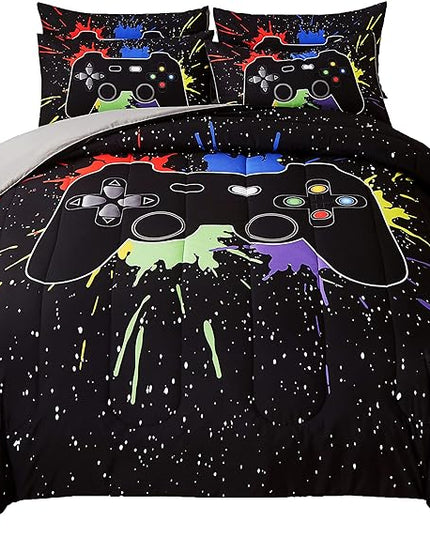 Gamer Comforter Sets Twin Size for Boys Teen,Game Controller Printed Colorful Comforter with Pillowcase, 2 Piece Video Gaming Bedding Set for Game Lovers,All Season(Black,Twin) - LeafyLoom