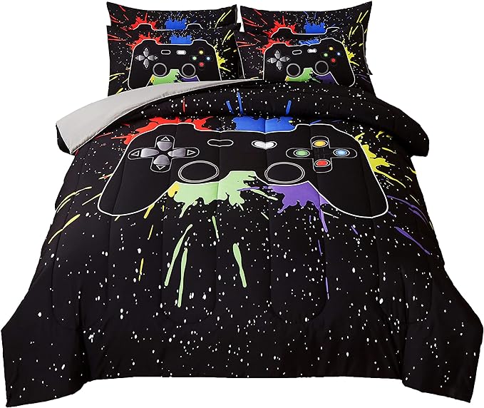Gamer Comforter Sets Twin Size for Boys Teen,Game Controller Printed Colorful Comforter with Pillowcase, 2 Piece Video Gaming Bedding Set for Game Lovers,All Season(Black,Twin) - LeafyLoom