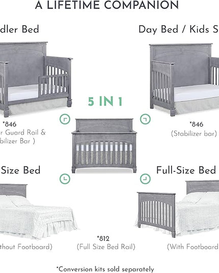 Evolur Santa Fe 5-in-1 Convertible Crib, Storm Grey - LeafyLoom