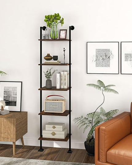 Axeman 5-Tier Ladder Shelf, Tall Narrow Bookcase for Small Spaces, Book Storage Organizer Case for Living Room, Home Office, Study, Industrial Style Black Metal Frame and Rustic Brown Shelf - LeafyLoom