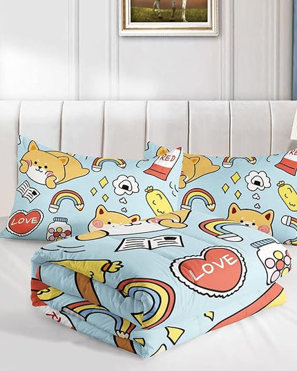 Datura home Kids Comforter Set Kawaii Dogs Bedding Set Cute Shiba Inu Corgi Printed Pattern Home Decor with 1 Comforter and 2 Pillowcases for Boys and Girls All Season(Blue Shiba Inu Full) 80x90'' - LeafyLoom