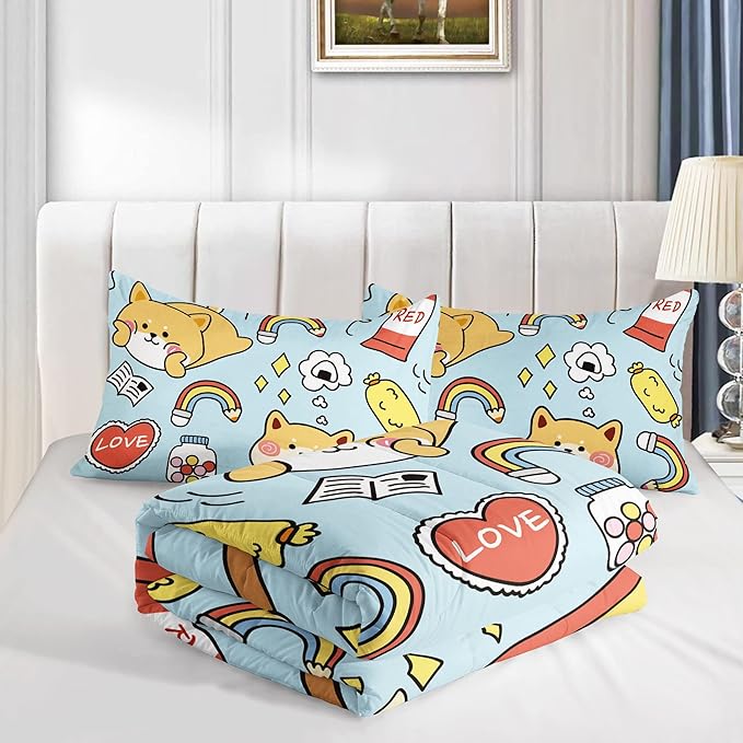 Datura home Kids Comforter Set Kawaii Dogs Bedding Set Cute Shiba Inu Corgi Printed Pattern Home Decor with 1 Comforter and 2 Pillowcases for Boys and Girls All Season(Blue Shiba Inu Full) 80x90'' - LeafyLoom