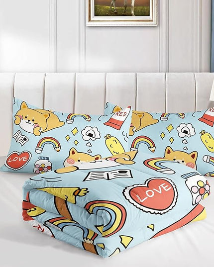 Datura home Kids Comforter Set Kawaii Dogs Bedding Cute Shiba Inu Corgi Printed Pattern Decor with 1 and 2 Pillowcases for Boys Girls All Season(Blue Inu), Twin 68x86inches - LeafyLoom