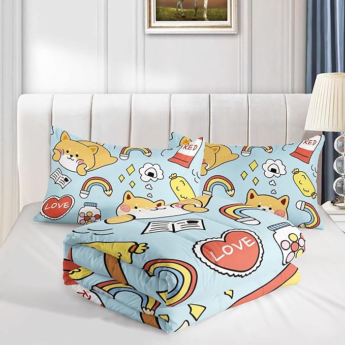 Datura home Kids Comforter Set Kawaii Dogs Bedding Cute Shiba Inu Corgi Printed Pattern Decor with 1 and 2 Pillowcases for Boys Girls All Season(Blue Inu), Twin 68x86inches - LeafyLoom