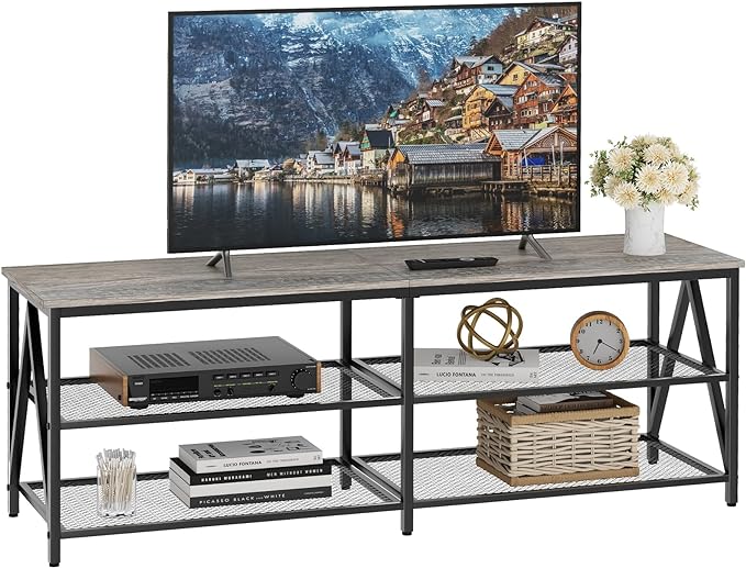 TV Stand for 60 65 Inch TV, Long 55" Entertainment Center 3-Tier TV Console Steel Frame Industrial Style TV Cabinet with Metal Frame for Living Room, Gray - LeafyLoom