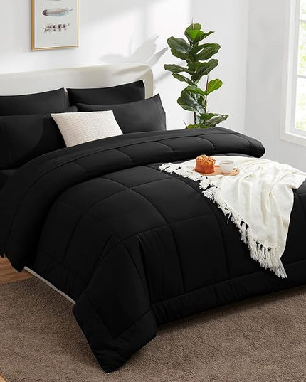 CozyLux King Size Comforter Set - 7 Pieces Bed in a Bag Set Black, King Bedding Set with All Season Quilted Comforter, Flat Sheet, Fitted Sheet, Pillowcases - LeafyLoom