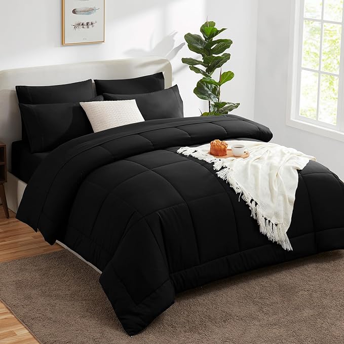 CozyLux King Size Comforter Set - 7 Pieces Bed in a Bag Set Black, King Bedding Set with All Season Quilted Comforter, Flat Sheet, Fitted Sheet, Pillowcases - LeafyLoom
