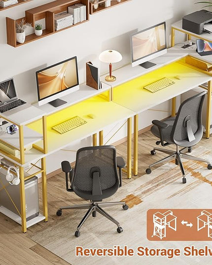 47" Gaming Desk with Storage, Computer Desk with LED Lights, Home Office Desk with Adjustable Shelves & Power Outlets, Gaming Computer Desk with Long Monitor Stand for Small Spaces, White Gold - LeafyLoom