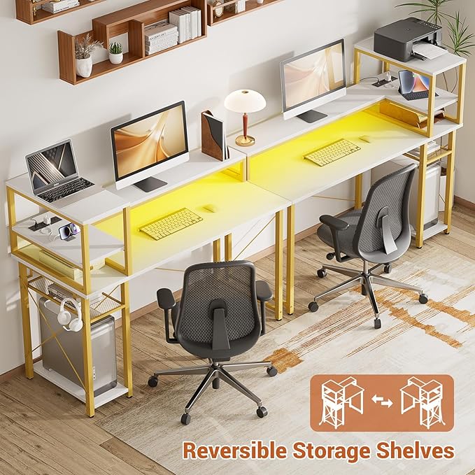 47" Gaming Desk with Storage, Computer Desk with LED Lights, Home Office Desk with Adjustable Shelves & Power Outlets, Gaming Computer Desk with Long Monitor Stand for Small Spaces, White Gold - LeafyLoom