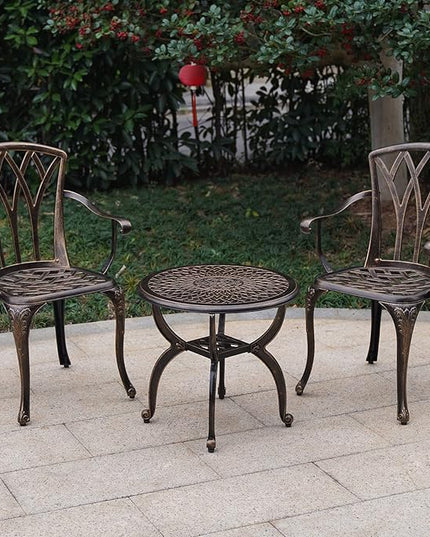 Jardin DE CENTENNAIL 3-Piece Outdoor Bistro Set Cast Aluminum Rust-Resistant Patio Furniture Armchairs Design (Copper) - LeafyLoom