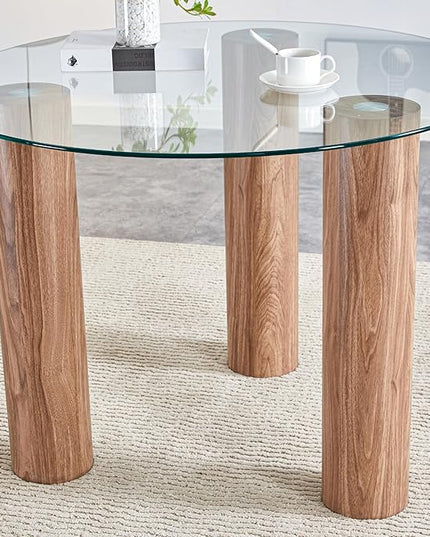 cosure 40" Glass Transparent Tempered Top,Round Dining-Table for 4 W/Wooden Legs Base,for Kitchen Living Room Gathering,in Walnut/Clear Finish - LeafyLoom