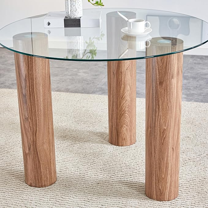 cosure 40" Glass Transparent Tempered Top,Round Dining-Table for 4 W/Wooden Legs Base,for Kitchen Living Room Gathering,in Walnut/Clear Finish - LeafyLoom