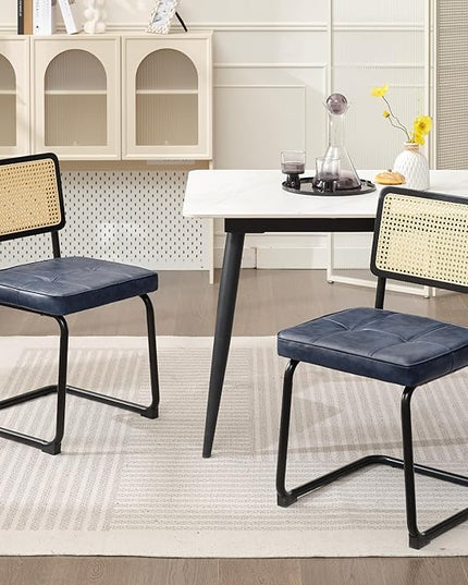 Rattan Dining Chairs Set of 2, Mid Century Modern PU Leather Dining Room Kitchen Chairs with Cane Back, Metal Chrome Legs, Upholstered Wicker Armless Accent Chairs, Blue - LeafyLoom