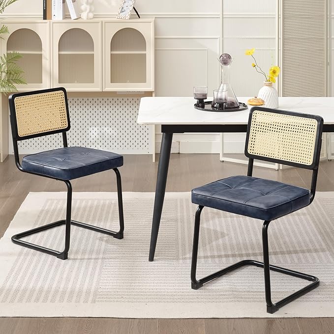 Rattan Dining Chairs Set of 2, Mid Century Modern PU Leather Dining Room Kitchen Chairs with Cane Back, Metal Chrome Legs, Upholstered Wicker Armless Accent Chairs, Blue - LeafyLoom