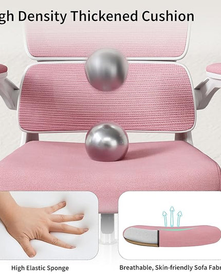 Office Chair, Ergonomic Desk Chair - Thick Cushion Adjustable Height Computer Chair with Lumbar Support and Flip-up Armrests, Pink Home Office Desk Chairs, Swivel Executive Task Chair… - LeafyLoom