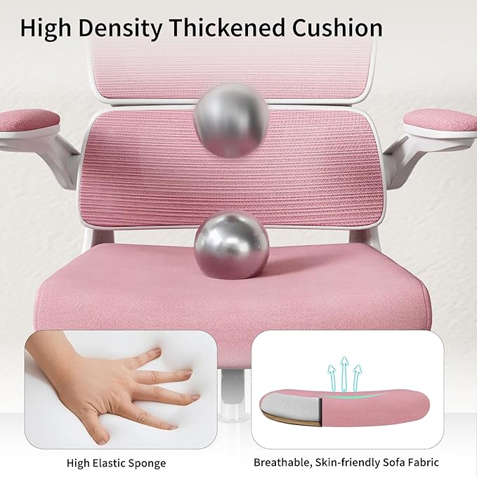 Office Chair, Ergonomic Desk Chair - Thick Cushion Adjustable Height Computer Chair with Lumbar Support and Flip-up Armrests, Pink Home Office Desk Chairs, Swivel Executive Task Chair… - LeafyLoom