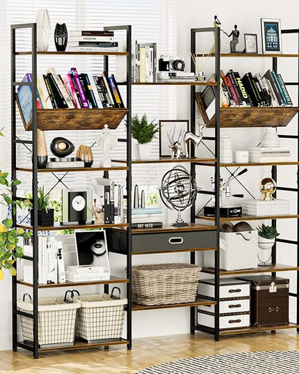 NUMENN Triple Wide 6 Tier Bookshelf, Adjustable Rustic Industrial Style Book Shelves, Modern Bookcases and Bookshelves Furniture for Bedroom, Living Room and Home Office, Vintage Brown - LeafyLoom