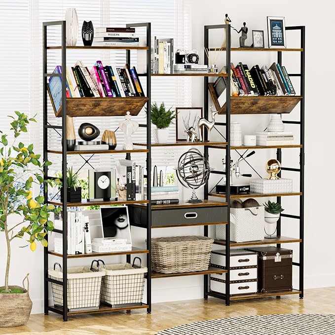 NUMENN Triple Wide 6 Tier Bookshelf, Adjustable Rustic Industrial Style Book Shelves, Modern Bookcases and Bookshelves Furniture for Bedroom, Living Room and Home Office, Vintage Brown - LeafyLoom