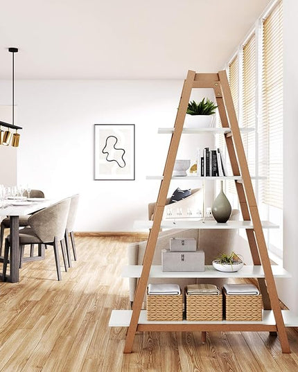 Nathan James 62201 Carlie 5-Shelf Ladder Bookcase, Display or Decorative Storage Rack with White and Rove Brown Wooden Ladder Shelves - LeafyLoom