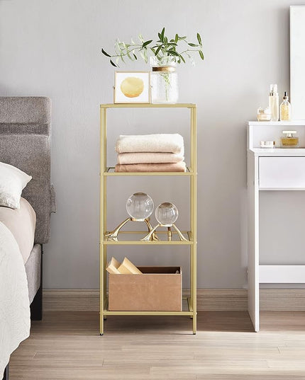 VASAGLE Bookcase, 4-Tier Bookshelf, Slim Shelving Unit for Bedroom, Bathroom, Home Office, Tempered Glass, Steel Frame, Metallic Gold ULGT28G - LeafyLoom