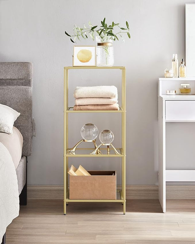 VASAGLE Bookcase, 4-Tier Bookshelf, Slim Shelving Unit for Bedroom, Bathroom, Home Office, Tempered Glass, Steel Frame, Metallic Gold ULGT28G - LeafyLoom