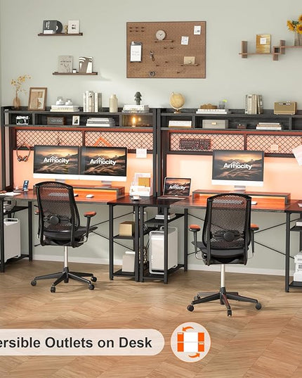 armocity 2024 Upgrade Gaming Desk with Hutch, 55.2'' Magic Computer Desk with LED and Outlets, Reversible Workstation Desk with Pegboard, Grey/Black - LeafyLoom