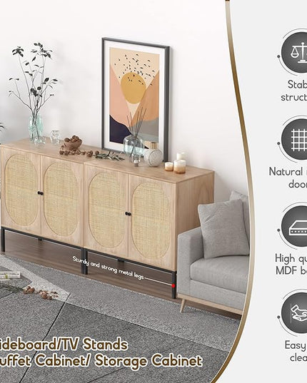 XIAO WEI Set of 2 Buffet Sideboard with Handmade Natural Rattan Doors, Rattan Cabinet Storage Cabinet Console Table Accent Cabinet, for Dining Room, Living Room, Kitchen, Natural - LeafyLoom