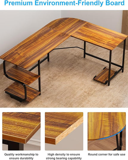Teraves Reversible L Shaped Desk with Large Surface, 61 Inch Sturdy Corner Desk with Storage Shelves, Premium Office Computer Desk Workstation for Home Office Gaming, Teak - LeafyLoom