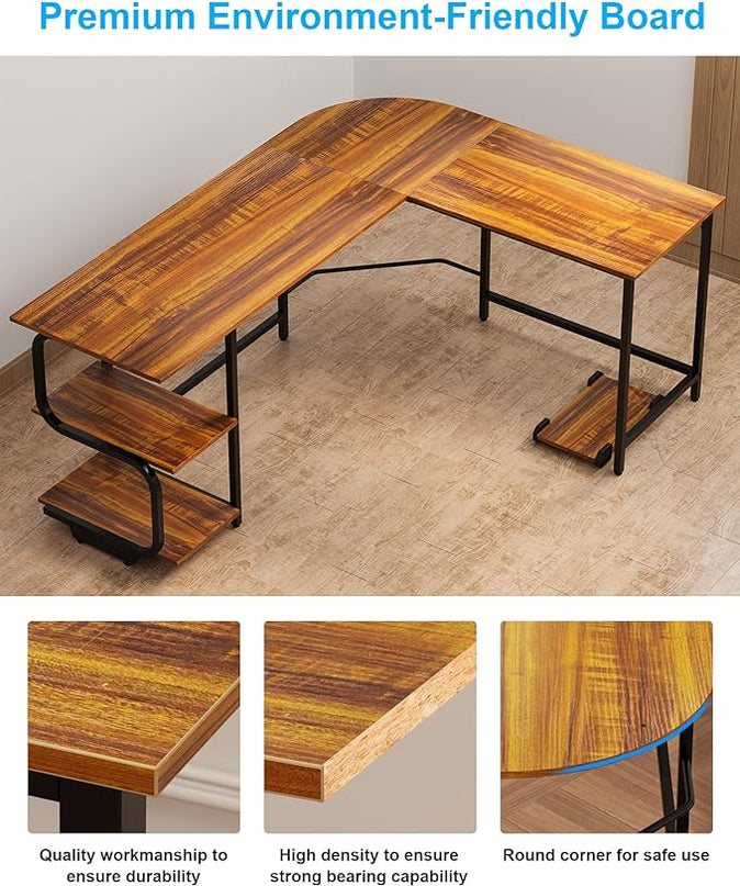 Teraves Reversible L Shaped Desk with Large Surface, 61 Inch Sturdy Corner Desk with Storage Shelves, Premium Office Computer Desk Workstation for Home Office Gaming, Teak - LeafyLoom