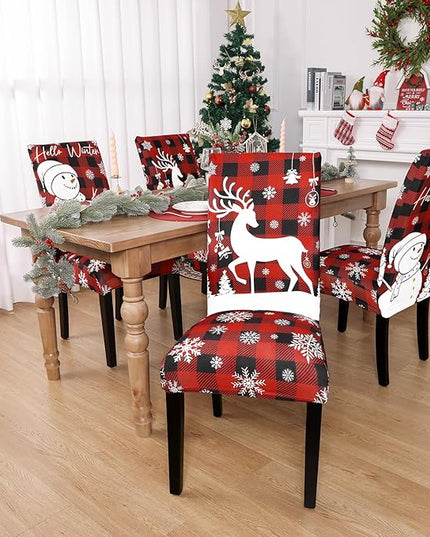 U'Artlines Christmas Chair Covers Set of 4, Removable Washable Merry Christmas Dining Chair Seat Covers Stretch Protector Slipcovers for Dining Room Kitchen Holiday Party Decor, Red Buffalo Plaid UArtlines