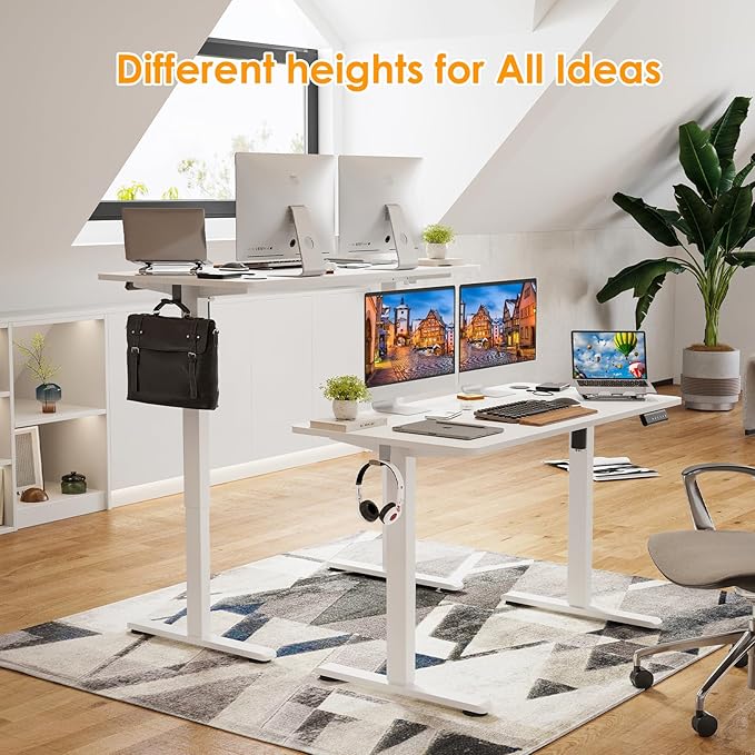 STARY Electric Adjustable Height Sit Stand Home Office Desk with Splice Board, 48x24, White Desktop/White Frame - LeafyLoom