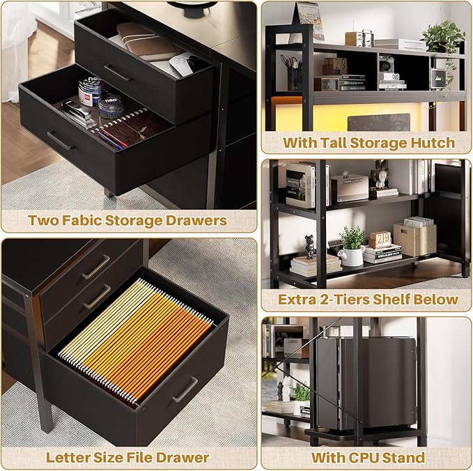 Aheaplus L Shaped Desk with Hutch, Gaming Desk with Led Lights, Reversible Computer Desk with Power Outlet, Corner Desk with File Drawer & Monitor Stand, Storage Shelves for Home Office, Black - LeafyLoom