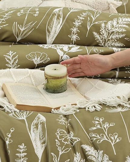 JANZAA California King Comforter Set Olive Green Comforter 3 PCS Bedding Sets Floral Comforter Set Plant Flowers Printed on Green Comforter Set with 2 Pillow Cases for All Season - LeafyLoom