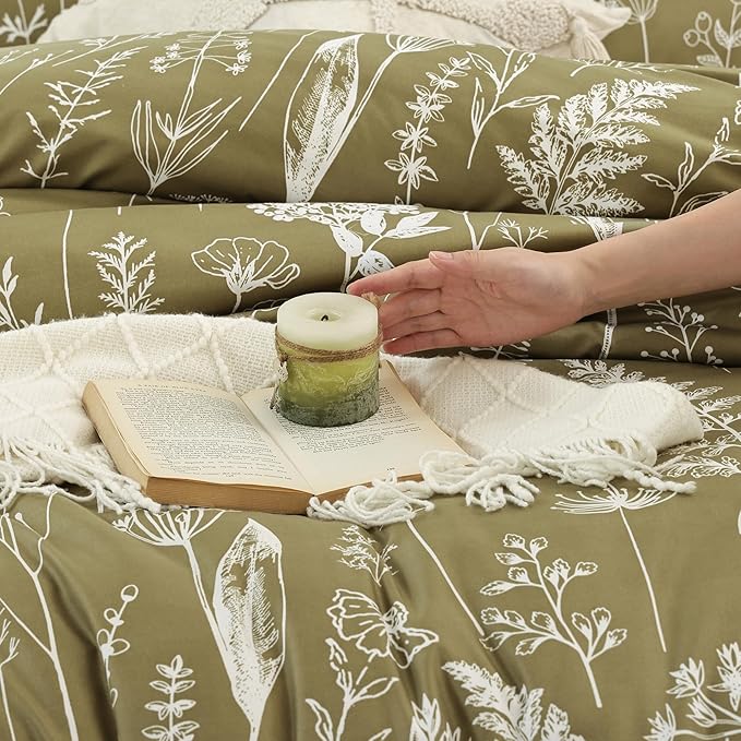 JANZAA California King Comforter Set Olive Green Comforter 3 PCS Bedding Sets Floral Comforter Set Plant Flowers Printed on Green Comforter Set with 2 Pillow Cases for All Season - LeafyLoom